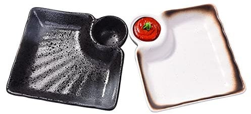 LMRLCS Japanese Sushi Plate 7 Inch Square Dumpling and Dessert Plates with Vinegar Dish Serving Trays Set of 2 for parties Microwave and Dishwasher Safe, Black and White