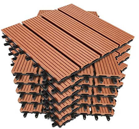 Gimisgu WPC Fliesen 30x30cm, WPC Terrassenfliesen Bodenbelag Klickfliesen Fliese, Wetterfest mit Drainagefunktion, Terrassendielen für Balkon Terrasse 33 Stück/3m², Braun