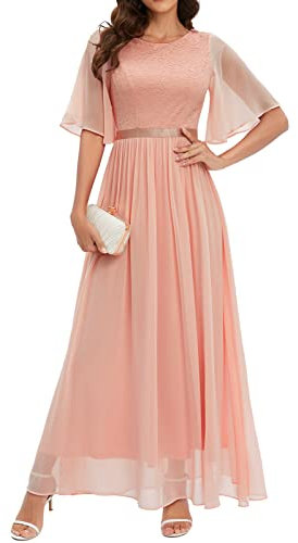 Bbonlinedress Abendkleider elegant für hochzeit Spitzen Chiffon Ärmel Kleid festliches Brautjunferkleid Maxi Bridesmaid Dress Partykleid Abschlusskleid lang Ballkleid Blush XL