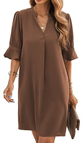 Famulily Women's Summer Elegant Ruffle Sleeve Shift Dress Tunic Dress Mini Dresses Brown XL