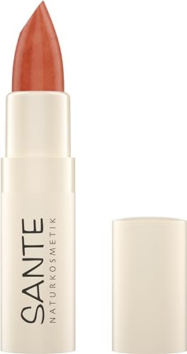 SANTE Naturkosmetik Moisture Lipstick 01 Honey Glow, pflegender Lippenstift mit Hyaluron, Plump Effekt und Sepilift, Lippenpflege für geschmeidige und zart glänzende Lippen in hellem Rotton, 4,5g