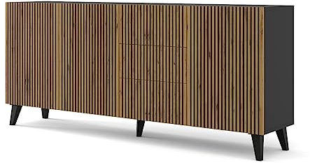 Homlando Kommode Ravenna F 200 cm 3D3S Sideboard mit 3 Türen und 3 Schubladen - Highboard - Moderner Kommode für das Schlafzimmer oder Wohnzimmer (Schwarz Matt/Artisan Eiche)