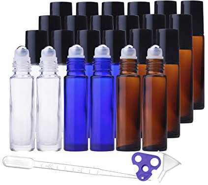 EnMart 24 Stück Ätherische Öle Roller Flaschen, Glas Roller Flaschen, Nachfüllbare Kosmetik-Rollerflaschen mit Edelstahl Roller Bällen glasflaschen für ätherische Öle 10ml