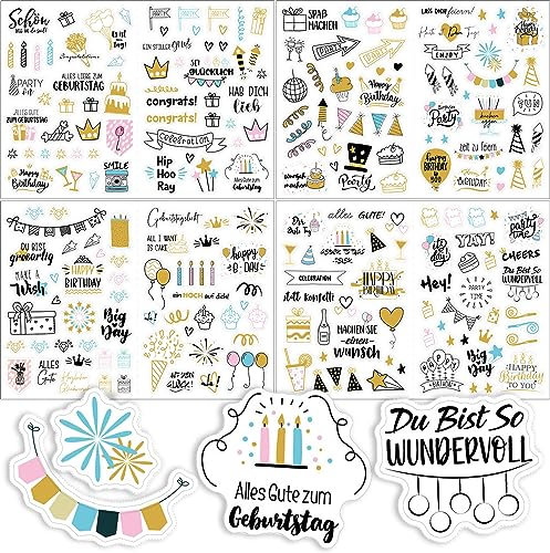 RHZXD 240 Motiven Sticker Geburtstag, Sticker Set für Geburtstag, Edle Aufkleber für Geschenke, Gästebuch, Fotobuch, Geburtstagskarten & mehr, Tolle Party Deko mit Herz für Jung & Alt