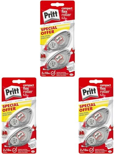 Pritt Flex Roller, Bianchetto a nastro per coprire ogni errore, Correttore a nastro riscrivibile, Cancellino a nastro per frasi e lettere singole, 3 Confezioni da 2 (4.2mmx10m)