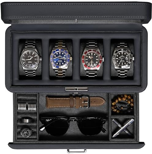 ROTHWELL Uhrenbox aus Leder mit 4 Schlitzen und Aufbewahrungsschublade – luxuriöser Schmuck-Organizer, verschließbare Vitrine mit Echtglas-Oberseite – Uhrenbox-Organizer für Damen und Herren (Carbon)