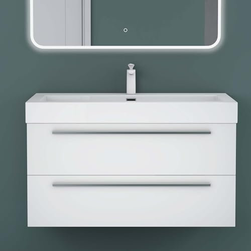 Mai & Mai Meuble de Salle de Bain Blanc Mat 100cm Meuble sous Vasque Quadratto Meuble Suspendu avec Vasque