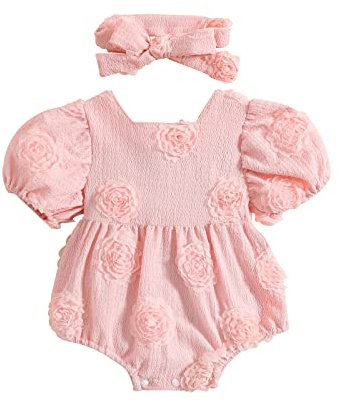 Geagodelia Tutina Neonata Estiva Principessa Pagliaccetto Manica Corta 3D Fiore Collo Quadrato con Fascia Body Elegante per Bambina 3-24 Mesi (Rosa, 3-6 Months)