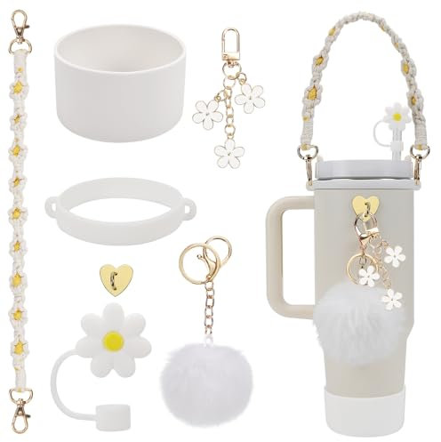 Stanley Cup Accessories Set Including 1 Pcs Water Bottle Handle Strap, 1 Pcs Siliocne Stanley Cup Boot, 1 Pcs Siliocne Straw Cover, 2 Pcs Stanley Charms for Stanley Cup 40oz & 30oz Tumbler (White)…