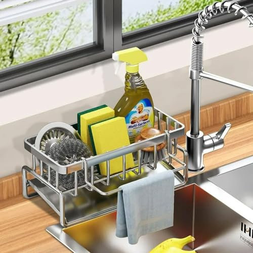 KOTKMSXTSW Organiseur d'évier de Cuisine,Un Panier De Rangement Pour Éponge Avec Plateau D'égouttement Automatique, Rangement Pour Éponge(Gris)