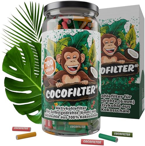 CocoFilter® Aktivkohlefilter 6mm aus Kokosschale [700 Stk.] - Slim Filter Tips aus natürlicher Kokosschalen-Aktivkohle mit Keramikkappen für selbstgedrehte Zigaretten, je 27mm [im praktischen Glas]