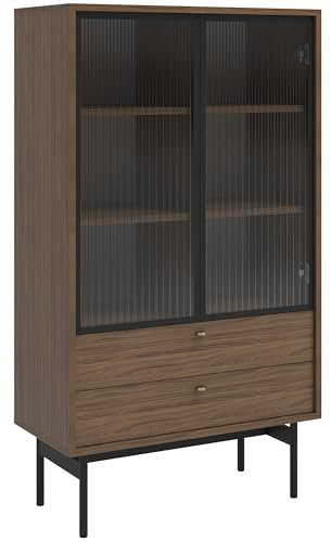 Selsey Vitrine Glas Vitrinenschrank Glasvitrine Wohnzimmer Glastür Niedrig 85 cm 2 Schubladen 3 Fächer Carini Walnuss Olar