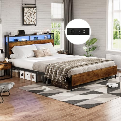 DICTAC Bett 140x190 mit LED Beleuchtung, Metallbett mit Steckdose und USB-Ladefunktion, Doppelbett mit Holzkopfteil mit Stauraum, Bettgestell mit Lattenrost, Bettrahmen mit Stauraum unter dem Bett