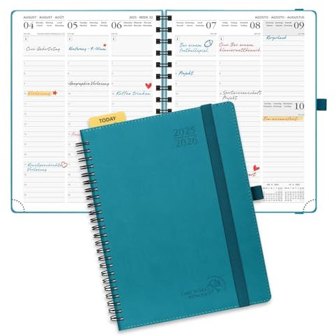POPRUN Kalender 2025 2026 Wochenplaner (Aug.2025-Dez.2026) Ringbuch mit Softcover, ca. A5 (22 x 16,5 cm), 17-Monate-Terminplaner 1 Woche 2 Seite mit Zertifiziertem Papier - Pazifikgrün