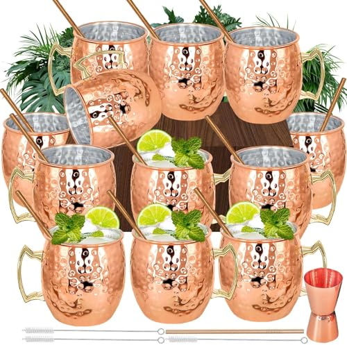 Moscow Mule Kupferbecher-Set, 12 Stück, überzogenes Kupfer, Mule-Becher, 540 ml, große gehämmerte Edelstahlbecher mit 1 Doppel-Messbecher, 12 Edelstahl-Trinkhalme für kalte gekühlte Getränke