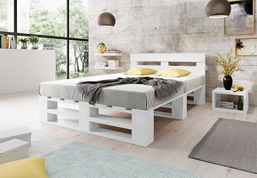 Lermowood Palettenbett M2 aus Holz 160 x 200 cm Weiß mit Kopfteil Holzbett 30cm Stabiles Seniorenbett Kinderbett Jugendbett Gästebett erhöhtes Einzelbett Bettgestell Futonbett Komforthöhe Naturholz