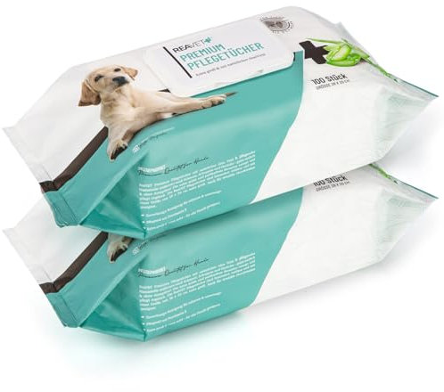 ReaVET Pflegetücher Hund, 200 Stück I 2 x 100Stk. I XXL Feuchttücher Hunde, Katzen - Extra Große Hypoallergene & Reißfeste Reinigungstücher, Feuchttücher für Po, Pfoten, Augen & Ohren