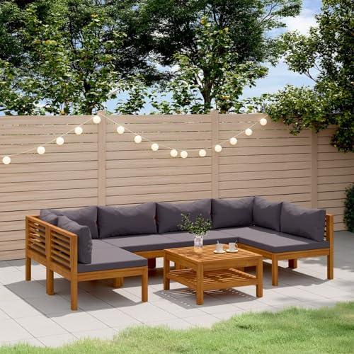 IKAYAA Lounge Set Holz, Ecklounge Outdoor, Gartenmöbel Set mit Kissen, Terrassenmöbel außen, Balkon Lounge Dunkelgrau, Loungemöbel Set für Balkon, Garten, 7-TLG