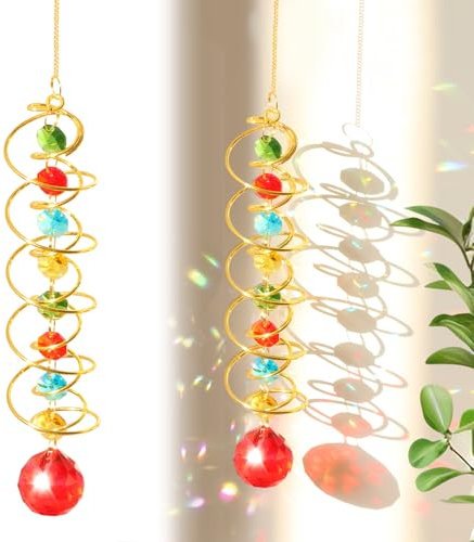 Alovez Sonnenfänger Windspiel mit Blick auf Kugel Spiralschwanz 18 Zoll Sonnenfänger Kristall Dekorativer Kristall Windspiel mit Sieben Chakra Perlen für Fenster, Gartendekoration (Rot)