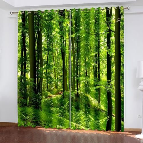 KnSam Verdunkelungsvorhänge für Schlafzimmer Baum Wald Muster, Ösen Vorhang Grün Braun, 2 Stücke Thermogardinen