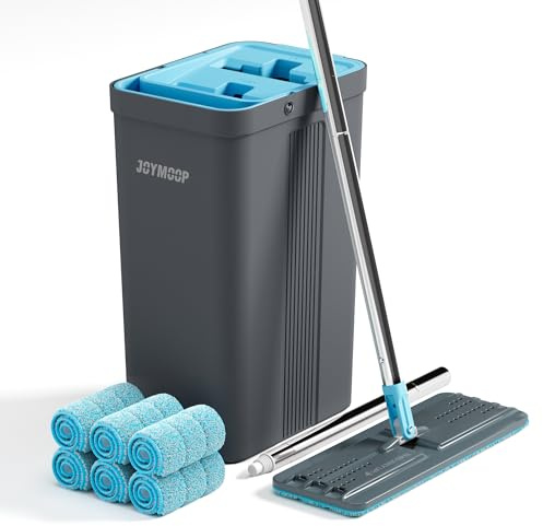 JOYMOOP Wischmopp und Eimer Set mit Auswringer, Mops für Bodenreinigung, Wandwischerreiniger mit langem Griff, mit 6 wiederverwendbaren Mikrofaser-Wischpads - Grau + Cyanblau