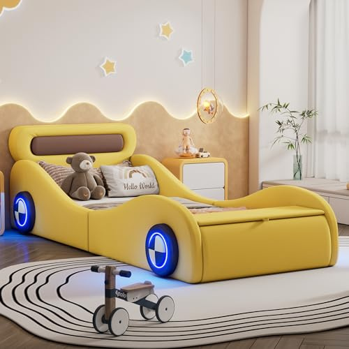 Zepneiy Kinderbett mit leuchtenden Rädern und Stauraum, Modell Autobett 90x200 mit Lattenrost fürJunge, Einzelbett Jugendbett Bettgestell Aus PU Gelb (Ohne Matratze)