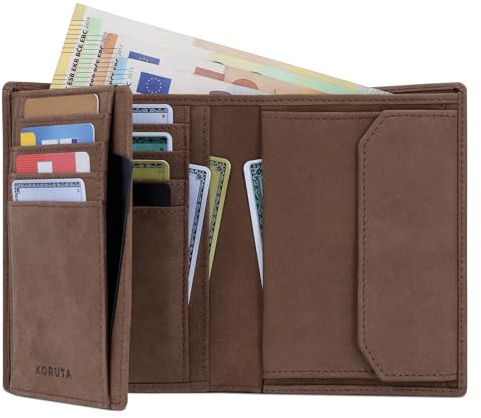 KORUTA Leder Geldbörse Herren mit RFID Schutz I Portemonnaie Groß mit Münzfach I 13 Fächer I Echtleder Geldbeutel für Männer I Brieftasche Wallet Portmonee Braun (Hunter)