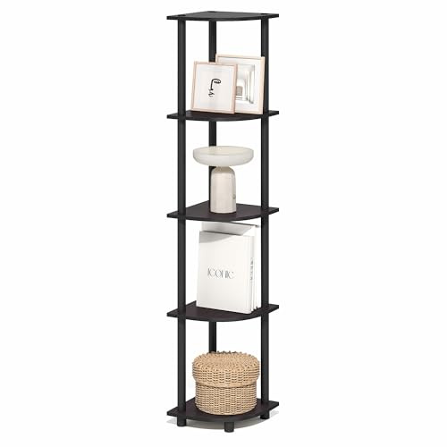 Furinno TURN-N-TUBE Corner Shelf, 5-Tier Corner Bookshelf, Open Storage Shelves, for Organization and Storage, Living Room, Home Office, Garage, Bedroom, Dark Mocha