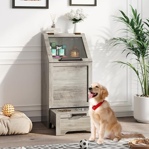 Pet Feeder Station, 90cm Pet Food Cabinet with Flip Top, Dog Food Storage Container with 2 Raised Dog Bowls for Food and Water, Large Pet Toy Storage Organizer for Large, Medium, Small - Grey