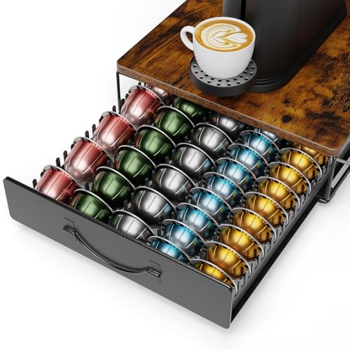 Multifunctional Metal Nespresso Vertuo Pod Holder for 60-30 Vertuo Capsules & 40 Dolce Gusto Pods,Vertuo Pods Storage Drawer with Wood Top Shelf,Coffee Capsule Holder for Counter