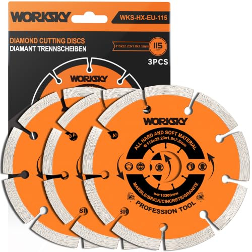 WORKSKY 115MM Segmented Diamond Saw Blade,Diamond cutting disc for Tile,Concrete,Brick,Stone - 22.23mm Arbor, 20mm & 16mm Adapter Ring (3-pack)