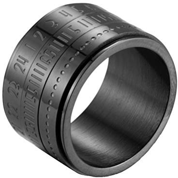 OAKKY Herren 14MM Breite Glücklich Würfel Arabische Lieder Spinner Ring Rostfreier Stahl Drehbar Kalender Uhr Biker Band Schwarz Größe 65 (20.7)