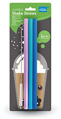 Grand Fusion Juego de pajitas y cepillos reutilizables de silicona de tamaño jumbo, contiene 3 pajitas de silicona reutilizables y 1 cepillo, pajitas Boba reutilizables