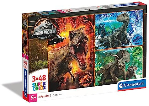 Clementoni 25250 Supercolor Jurassic World – Puzzle 3 x 48 Teile ab 4 Jahren, buntes Kinderpuzzle mit besonderer Leuchtkraft & Farbintensität, Geschicklichkeitsspiel für Kinder