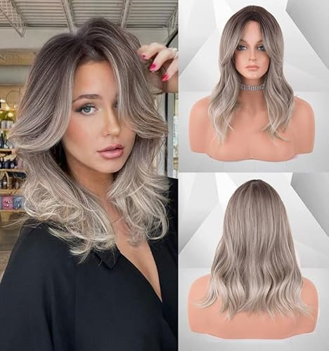 LEMEIZ blonde perücke kurz, braune perücke ombre, haarperücke blond, blonde perücke mit pony,synthetic wig, haarperücke frauen, 20 Zoll LEMEIZ-133
