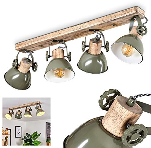 Deckenleuchte Orny, 4-flammiger Deckenstrahler aus Holz und Metall in grün, Industrial/Vintage Look Zimmerlampe, 4 x E27, die Leuchtenköpfe sind verstellbar,ohne Leuchtmittel