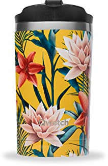 QWETCH - Travel Mug Isotherme - Tropical Jaune 300ml - Thermos Café & Thé en Inox - 6h Chaud et 12h Froid - Sans BPA, Étanche, Mug de voyage
