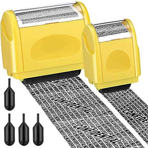 Nezyo 2 Pack Identity Protection Roller Stamp Identity Theft, Confidential, Privacy Roller Stamp Information Blocker and 4 Pack Refill Ink for ID Account Data Address Security(Yellow)