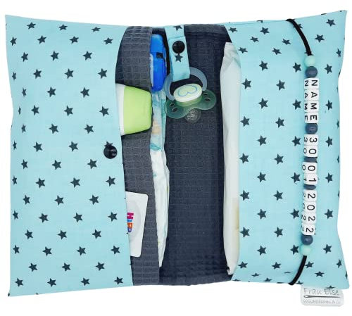 Große Windeltasche für unterwegs mit Namen personalisiert - für Mädchen und Jungen - Wickeltasche mit Waffelpique - Sterne mint dunkelgrau