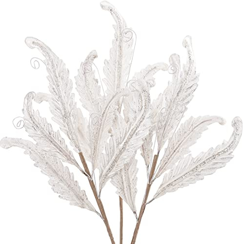 Oairse 68CM 3er Set Kunstpflanze Kunstzweig Weihnachten deko Glitzer, Weihnachten Blätter für Weihnachtsbaum Neujahr Ornamente, Künstliche Farn für Feiertags-Esstischdekoration, Weiß