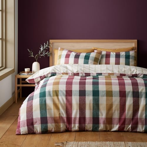 Catherine Lansfield Autumn Check Reversible Single Duvet Cover Set with Pillowcase Plum