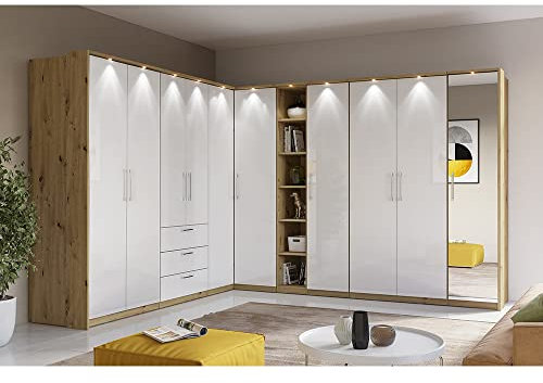 Lomadox Eckkleiderschrank Kombination inkl. LED Beleuchtung in Artisan Eiche Nb. mit Fronten in Hochglanz weiß, B/H/T: ca. 562/217/63 cm