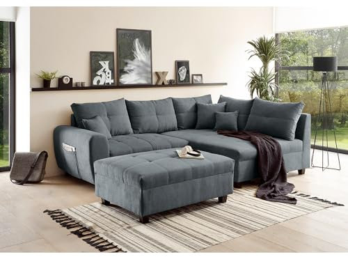 Lomadox Ecksofa mit Hocker und 8 Kissen in anthrazit | L-Form mit Recamiere rechts