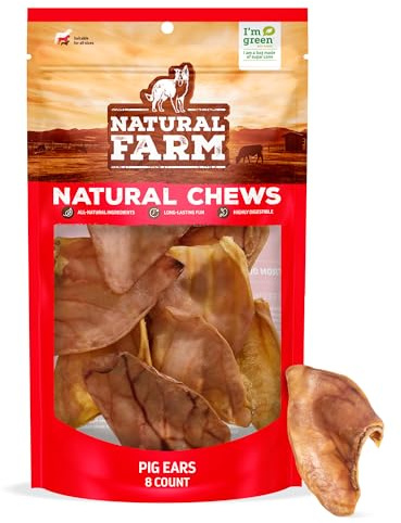 Natural Farm Pig Ears for Dogs (8-Count), One Ingredient: Natural Whole Pigs Ears, Air Dried, Long-Lasting & Highly Digestible Treats, Great for Puppy and Large/Medium Dogs