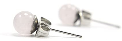 Orecchini a bottone con pietre preziose da 6 mm in acciaio chirurgico ipoallergenico (Quarzo rosa)
