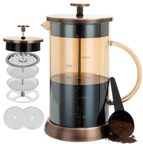 YMMIND French Press Kaffeemaschine, Espresso-Kaffeemaschine, Kupfer, kaltgebrüht, hitzebeständig, verdickte Borosilikat-Kaffeekanne mit 4 Edelstahl-Filtersieben