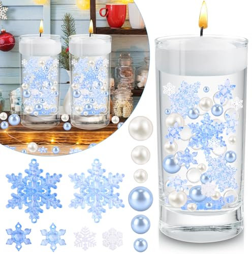 SelfTek 6146 Pcs Christmas Vase Filler Decorations, Floating Snowflake Water Gel Beads Pearls for Vase Filler Table Centerpieces Party Decor 3 vases (Blue)