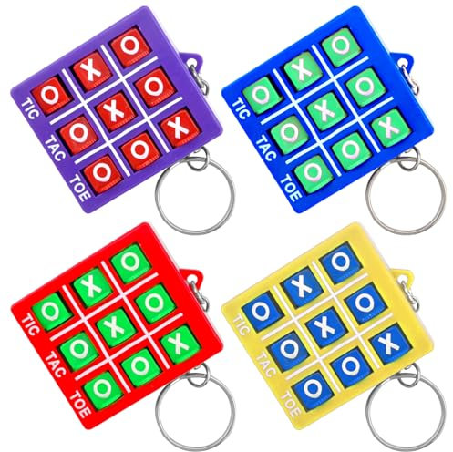 VOSSOT Lot de 16 porte-clés Tic Tac Toe pour enfants, porte-clés, fête, petit cadeau, sac à dos, trousseau de clés en plastique (rouge, bleu, jaune, violet)