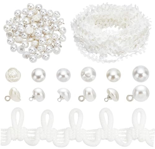 PH PandaHall 20 Yard Weiße Knopfschlaufen Für Hochzeitskleider Zierlicher Zopfbesatz Quaste Fransen Spitzenbesatz Mit 60 Stück Perlenknöpfen Für Kostümhandwerk Nähen Hochzeit Brautkleid Dekoration