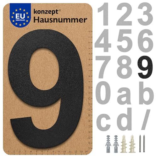 KONZEPT Hausnummer in Schwarz, Nummer 9, für Tür, Gebäude, Zimmer, aus massiven Stahl, mit witterungsbeständiger Zink- und Pulverbeschichtung
